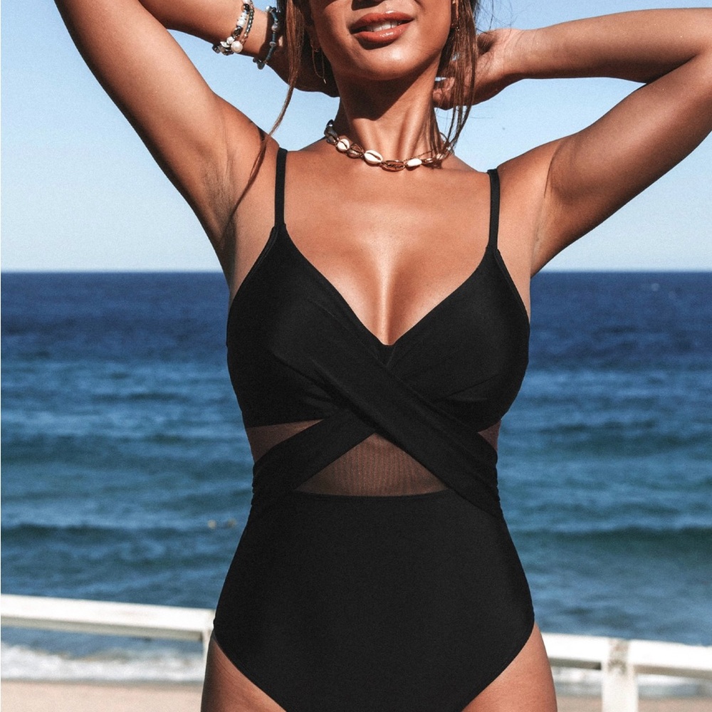 Solid Mesh Wrap Front Cutout Black One Piece Swimsuit